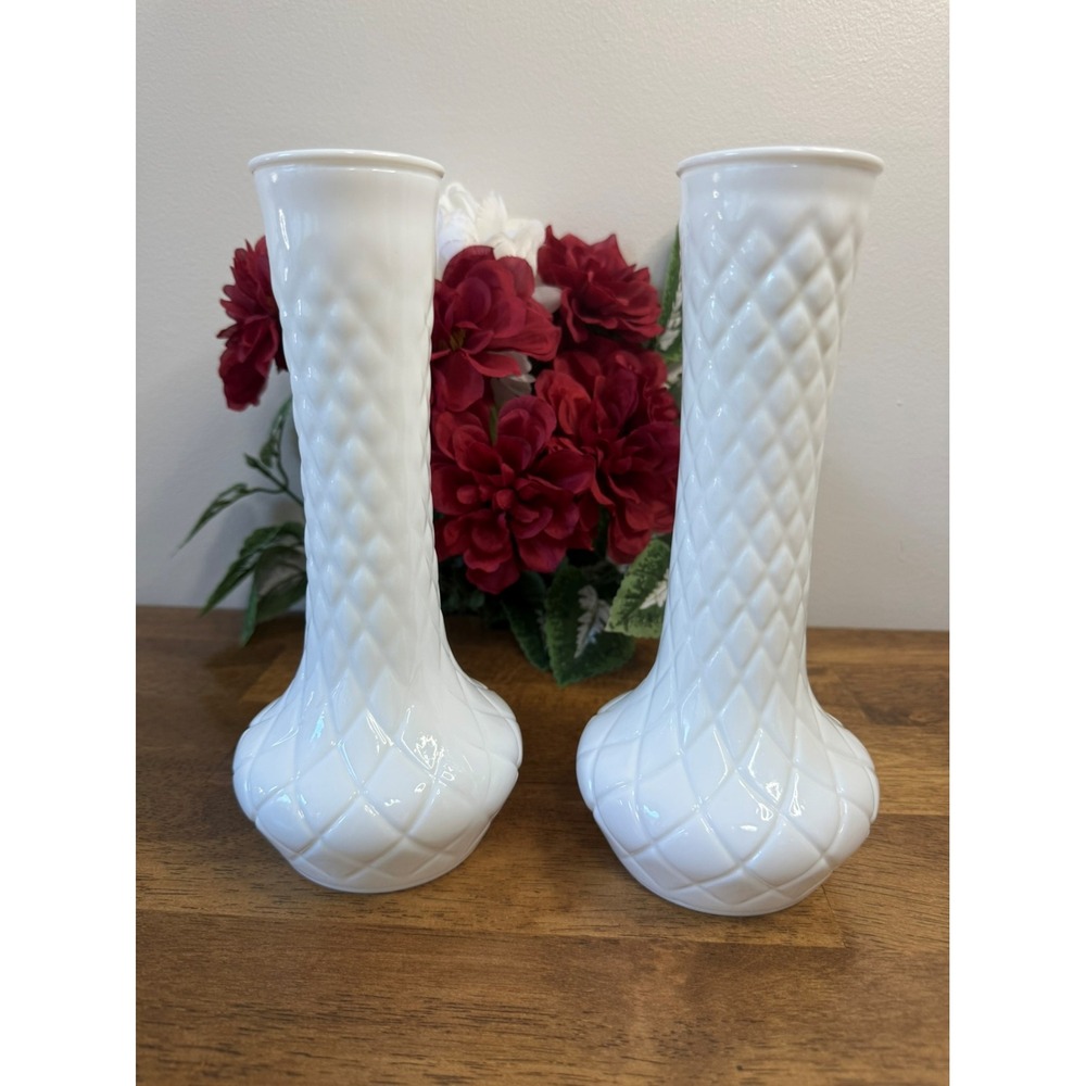 Vintage Milk‎ Glass Vases Pair Quilted Diamond Pattern Mid-Century Wedding Decor